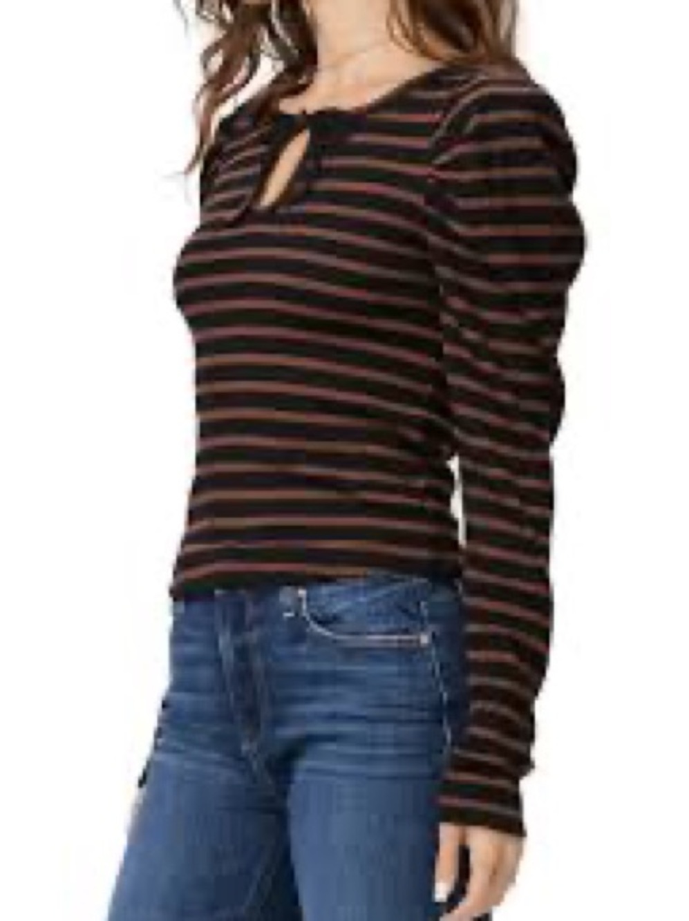 PAIGE Black and Rust Striped Keyhole Long-Sleeve Top